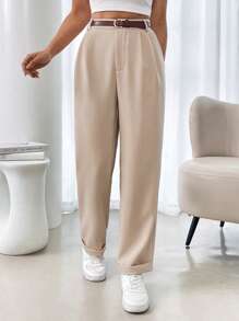 RosyDaze Pantalon de tailleur pour femmes décontracté, de couleur unie, sans stretch, avec ourlet plissé et poches