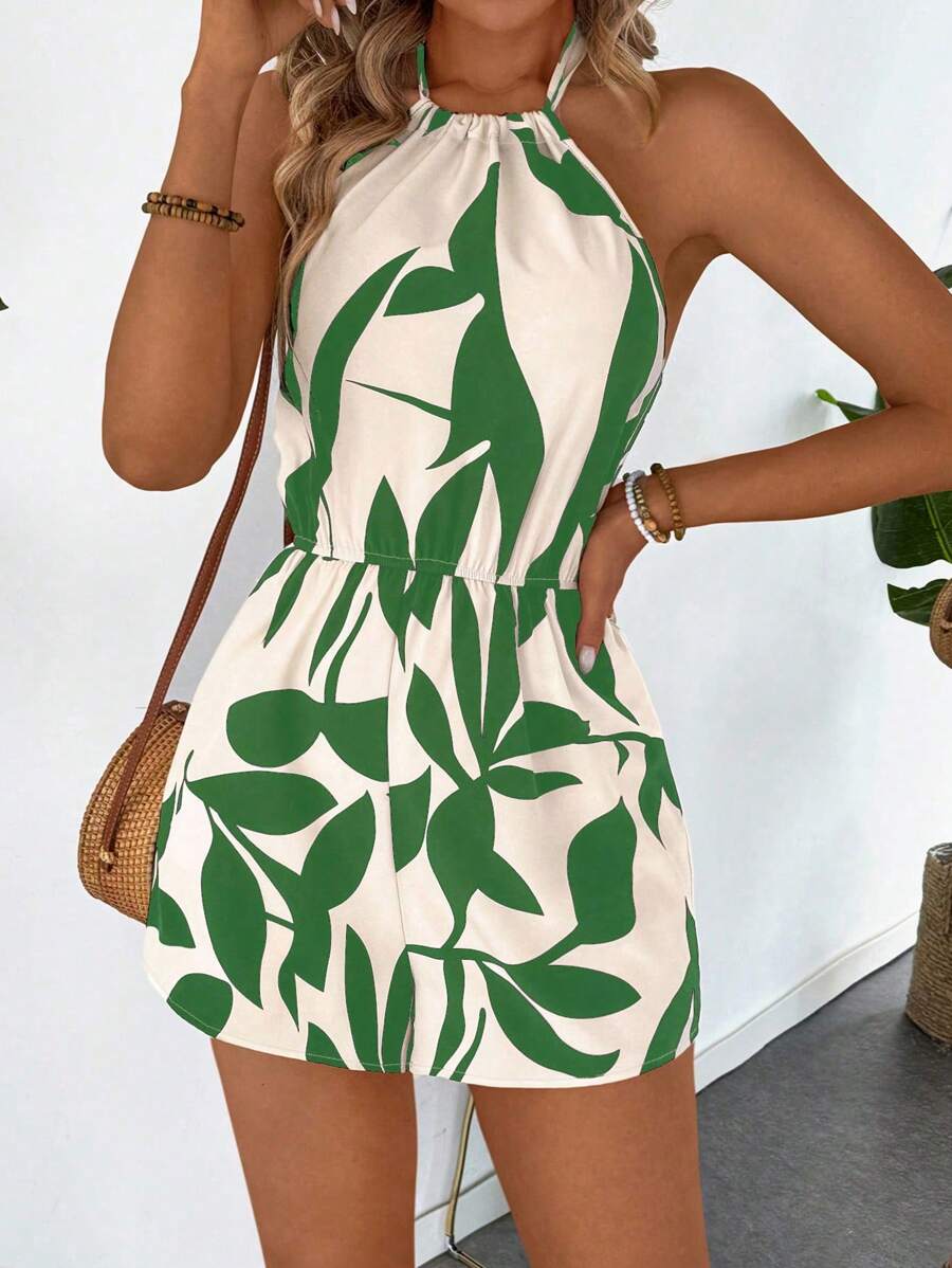 Breezaya Leaf Print Halter Neck Elastic Waist Romper, Spring/Summer - Multicolor - View 1