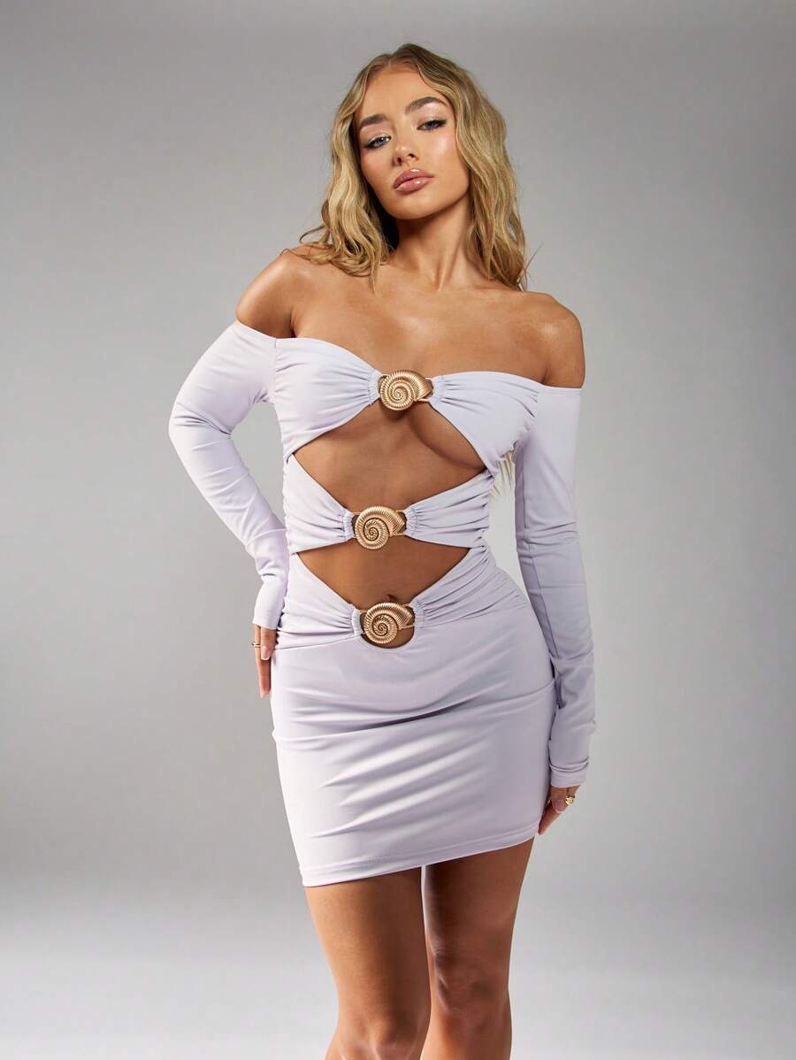 MISSGUIDED Off Shoulder Cut Out Trim Detail Mini Dress - Mauve Purple - View 1