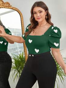 SHEIN Privé 大码女式心形图案方领泡泡袖时尚 T 恤