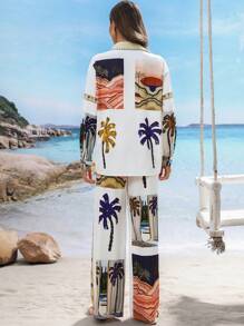 女士棕榈树印花长袖衬衫和裤子休闲套装适合假期 - 彩色 - 查看 2