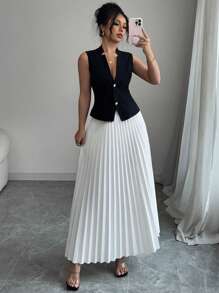 Chiquease 2-teiliges Damen Set: Einreihige Kragen Weste und plissierter Rock