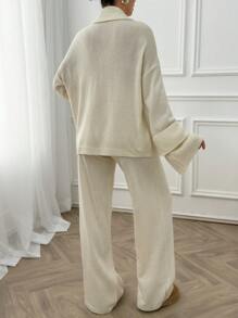 EURMUSE Women Ruffle Frill Detailed Bow Tie Front Cardigan And Sweater Pant 2 Piece Set Co-Ords