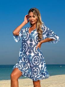 Swim Lushoire Robe ample de couvre-chef en mousseline de soie à manches 1/2 et col en V avec imprimé végétal pour femmes, robe ample d'été à motif floral de porcelaine pour la plage et les vacances