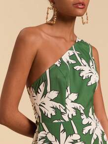 Travachic 女式编织热带棕榈树印花单肩连衣裙 - 綠色 - 查看 6