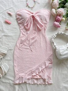 Soleia Plajă tricot jacquard tip bandeau cravată tiv cu fundă rochie asimetrică pentru femei, rochie de Paște, roz, rochii sexy pentru femei, rochie mov, ziua St Patrick, dantelă, rochie fără bretele, rochie din dantelă, rochie de domnișoară de onoare. Îmbrăcăminte femei, ținută de concert country, ținute de vacanță, rochie boho femei - Baby Pink - View 5