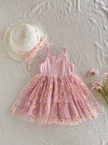 SHEIN Baby Girls 2Pcs Set: Pink Casual Floral Print Knitted Loose Dress With Waist Drawstring And Wide Dress, And Matching Hat, Spring - Pink - View 7