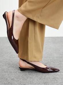 CUCCOO BIZCHIC New Summer Women's Square Buckle Pointed-Toe Low Chunky Kitten Heels, Unique Heel Design, Versatile, Comfortable, Commute Style, Chocolate & Brown Patent Leather Slip-On Flats