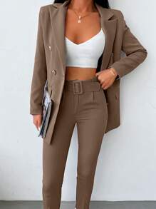EURMUSE Women's Solid Color Blazer And Pants Suit Set, Simple Fashion Casual Daily Wear - Mocha Brown - View 6