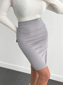 EURMUSE Women Solid Color High Waist Bodycon Pencil Skirt - Grey - View 6