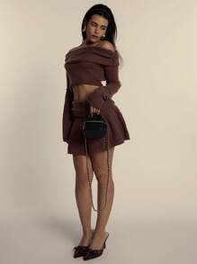 MUSERA Soft Knit Bardot Off Shoulder Long Sleeve Cropped Jumper Only Spring Summer  Cute Evening Party    New Years - Coffee Brown - View 5