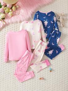 Set de 3 piezas de pijama para niña, con estampado de vida marina por todas partes, ajustado, cuello redondo, manga larga y pantalón largo, conjunto de prendas de dormir
