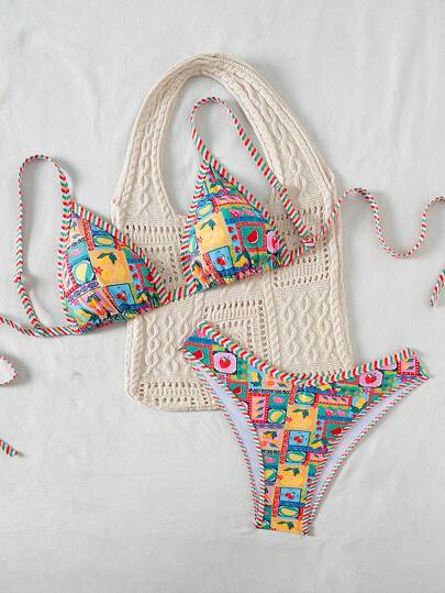 Swim Vcay Plus Size Dam 2st Frukttryck Sexig Söt Trim Bikini Bottom High Leg Shorts Badkläder Set, för sommar strandsemester