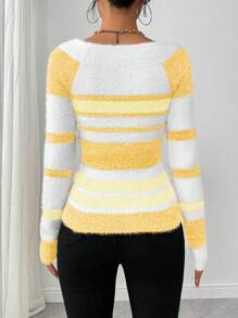 Chiquease Autumn/Winter Casual Contrast Color Stripe Slim Fit Long Sleeve Sweater