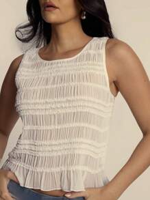 MUSERA Scoop Neck Ruched Fabric Ruffle Hem Tank Top Summer Spring Spring Cute Soft Essence Sheer Holiday Ibiza Western - White - View 5