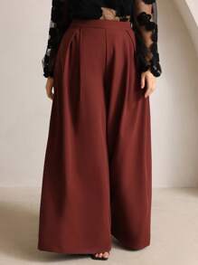 Anewsta Plus Size Loose High Waisted Fold Pleated Pants, Flowy Casual Trousers, Modest Spring/Summer For Women - Burgundy - View 1
