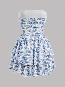 SHEIN EZwear Women All Over Print Mini Bandeau Dress, Casual Vacation
