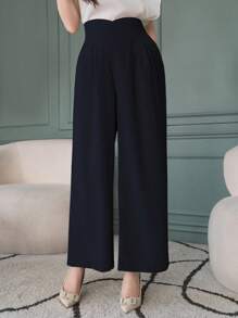 DAZY Women High Waist Pleated Loose Solid Color Wide Leg Pants Work Women Clothes