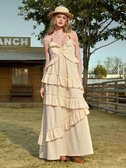 Hippie Women's Retro Hippie Style Vacation Ruffle Trim Wooden Bead Decor Super Long Flowy Dress