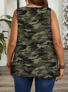 EMERY ROSE Plus Size Camouflage Print Loose Fit Ruffle Strap Tank Top, Suitable For Spring & Summer Suitable For Going Out,Vacation - Green - View 2