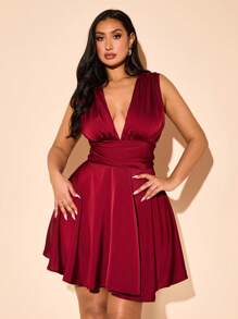 SHEIN BAE Vestido curto elegante e sexy de alça em vinho tinto com decote profundo em V e silhueta evasê para mulheres plus size, vestido de festa francês, vestido de aniversário, vestido de dama de honra, vestido diário minimalista e chique - Vinho - Visão 7
