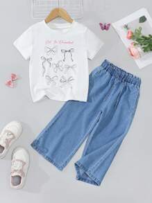 Denimly 年轻女孩休闲都市可爱学院风 2 件套：白色短袖蝴蝶结图案 T 恤和宽腿高腰可调节抽绳牛仔裤 - 白色 - 查看 5