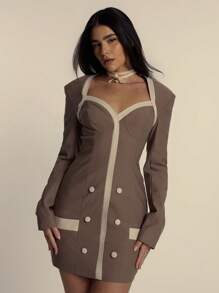 MUSERA Blazer Dress Woven Shoulder Pad Button Detail Fitted Contrast Mini Dress Old Money Summer Brunch Winter Evening  New Year Thanksgiving - Brown - View 1