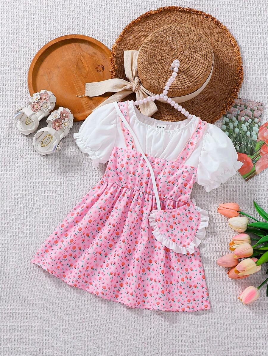 Baby Girl Clothing Baby Girl Dress Pink Floral Print Pattern With Bubbles, Ruffles, Short Sleeves, Horns, Elegant And Casual Summer Versatile Dress Bring A Love Bag - Multicolor - View 1