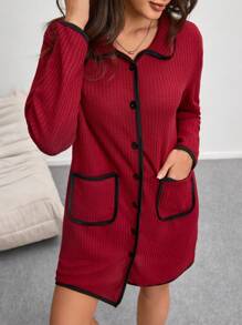 Two-Tone Waffle Knit Women's Bathrobe - Burgundy - View 1
