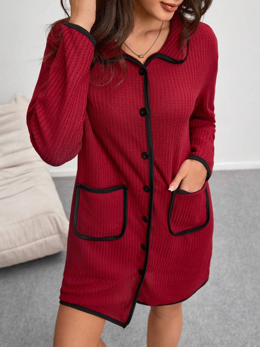 Two-Tone Waffle Knit Women's Bathrobe - Burgundy - View 1