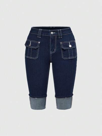 Grunge Punk Pantalon capri en denim skinny mi-long à taille très basse, polyvalent et rétro chic de style "baddie" Y2K