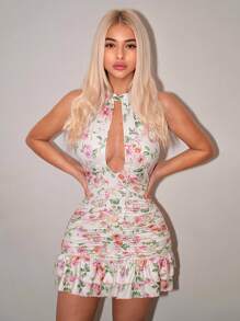 Sweetina Floral Print Hollow Neck Backless Ruffle Hem Mini Dress - Pink - View 6