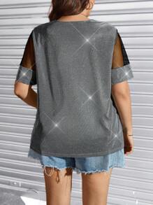 SHEIN LUNE 大码女式度假时尚网眼拼接闪光衬衫网眼上衣夏季女式休闲音乐会女式狂欢乡村音乐会春季女式商务休闲女式夏季婚礼宾客女式外出上衣女式 - 銀色 - 查看 2