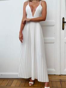 Aloruh Elegante vestido largo de color blanco sólido, sin mangas, de escote en V profundo y espalda descubierta con tirantes tipo espagueti, estilizante - Blanco - Ver 5