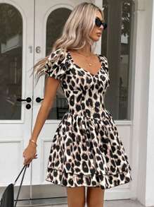 SHEIN Essnce Women's Leopard Print Double Layer Ruffle Hem Short Dress - Multicolor - View 6