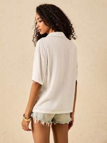 Poéselle 女士简约时尚休闲长袖衬衫，日常穿着 - 白色 - 查看 5