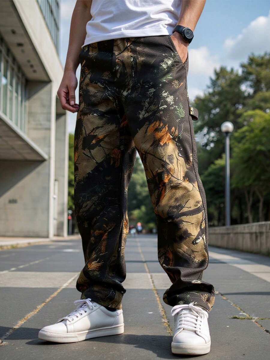 Manfinity LEGND Calça comprida casual masculina com estampa completa e detalhe de bolso - Multicolorido - Ver 1