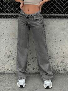 EURMUSE 100%Cotton Petite Low Waist Wide Leg Jeans - Light Grey - View 7