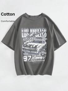 SHEIN EZwear 女士夏季字母与汽车印花圆领短袖休闲T恤 - 深灰色 - 查看 6