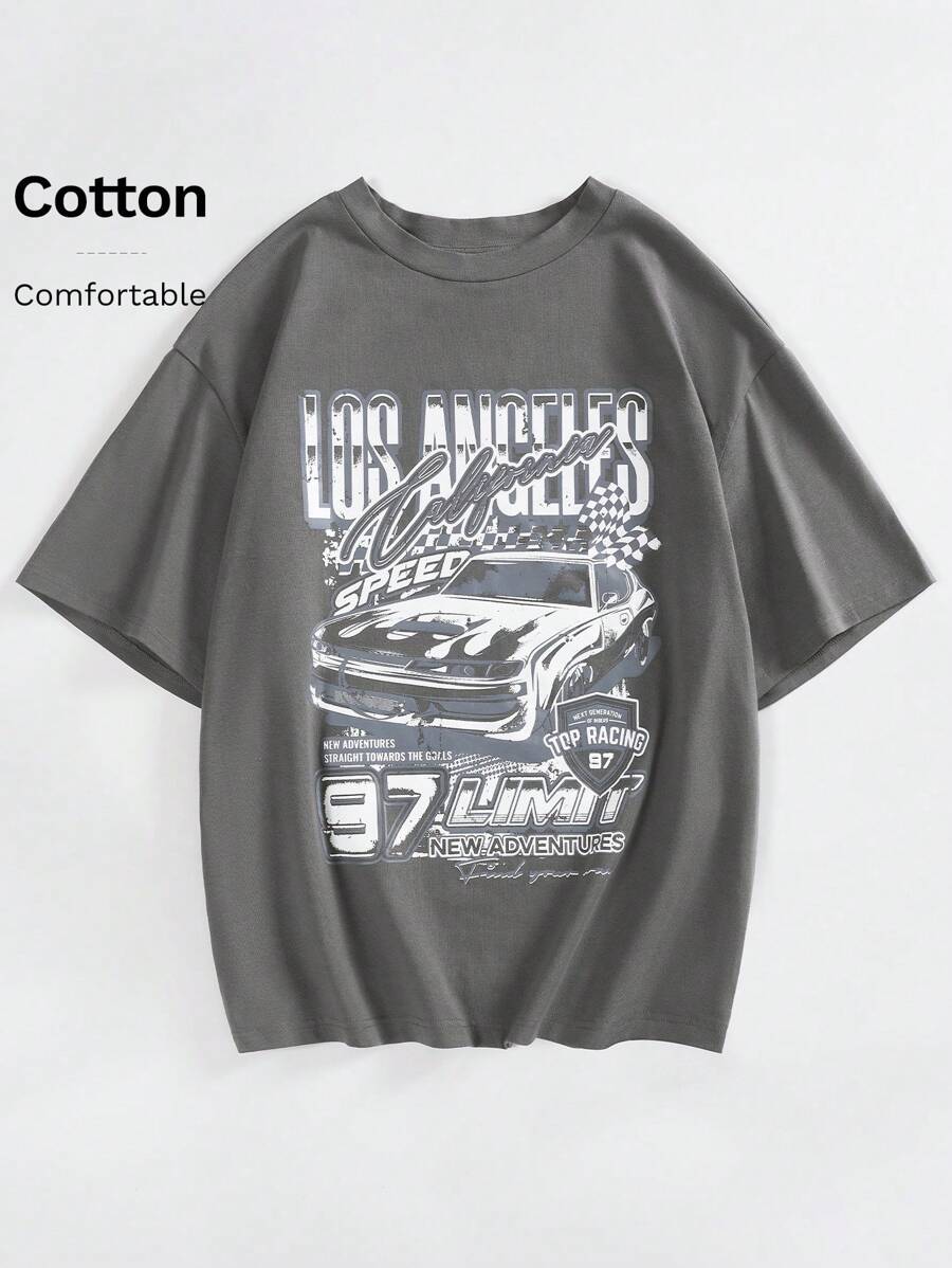 SHEIN EZwear Áo thun tay lỡ in chữ thời trang mùa hè cho nữ, Unisex - Màu xám đen - Xem 1