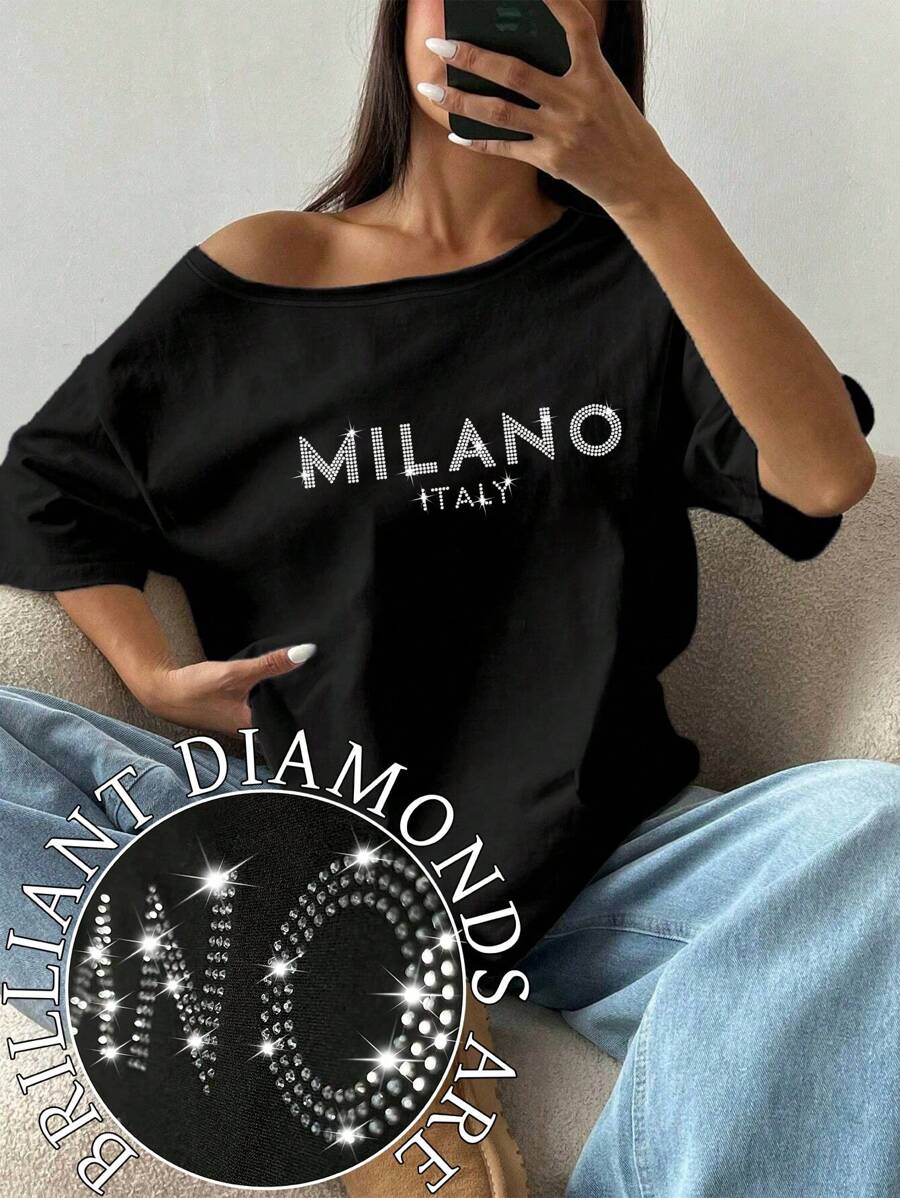 Flirla Plus Size Women's Off-Shoulder 'MILANO ITALY' Oblique Shoulder T-Shirt Graphic Tees Women Tops - Black - View 1