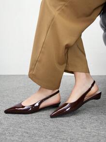 CUCCOO BIZCHIC New Summer Women's Square Buckle Pointed-Toe Low Chunky Kitten Heels, Unique Heel Design, Versatile, Comfortable, Commute Style, Chocolate & Brown Patent Leather Slip-On Flats