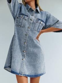 Forever 21 Women's Short Sleeve Single-Breasted Pocket Loose Casual Denim Dress