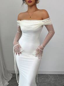 INAWLY 白色露肩紧身性感网眼波尔卡圆点长袖美人鱼连衣裙 - 白色 - 查看 4