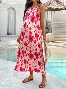 SHEIN 孕妇花卉印花连衣裙，休闲度假 - 粉色 - 查看 4