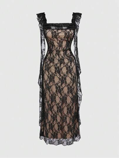 Goth Elegant Sexy Women's Lace Mermaid Hem Draped Neck Bodycon Dress