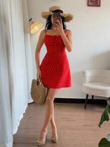 Islaluna Vestido sexy de tirantes finos con estampado de corazón y pequeñas flores para mujeres