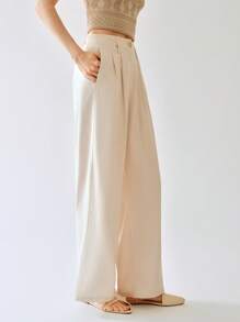 SHEIN Unity Women's Fashionable Linen Double Pockets Straight Leg Casual Pants - Beige - View 6