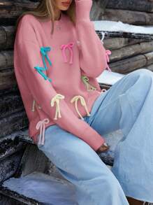 Aveloria Affinna Maglione lento donna alla moda e colorato con decorazione a fiocco, design di stile, maglione oversize