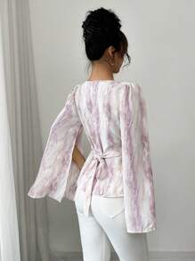 Modelyn Women Loose Purple Long Sleeve Tie Waist Blouse Fall Cloth For Women - Purple - View 2